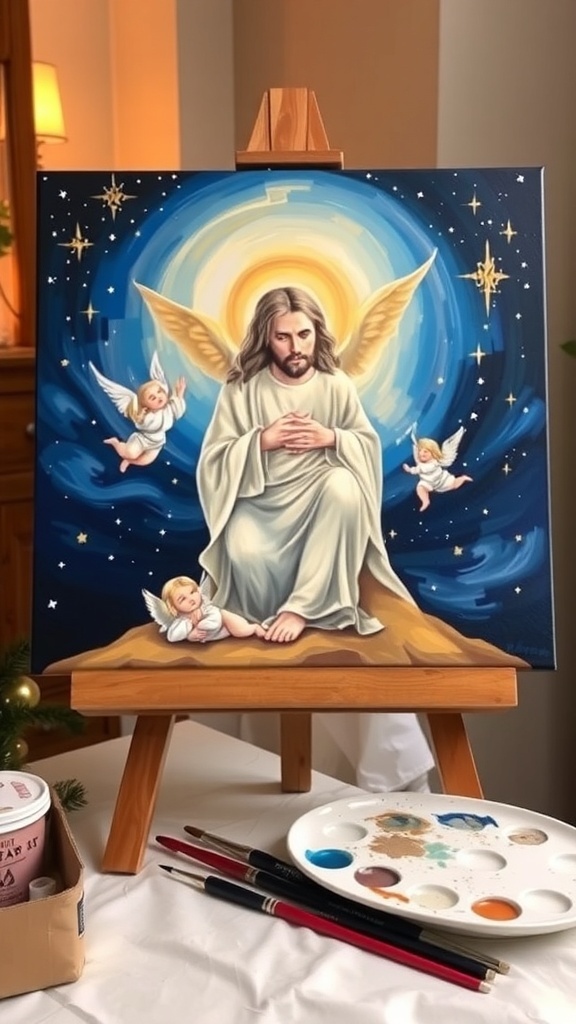 A Christmas painting of Jesus surrounded by stars and angels on an easel.